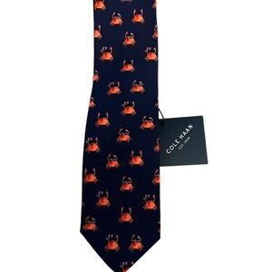 NWT Cole Haan CRABS w/ Sunglasses All Silk 3” Skinny Tie, Navy Blue & Red-Orange